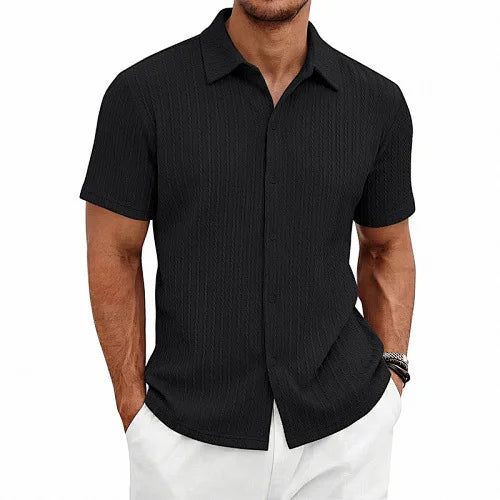 European and American Men's Casual Jacquard Shirt Men's Summer Solid Color Lapel Breathable Men's Short-Sleeved Shirt Top