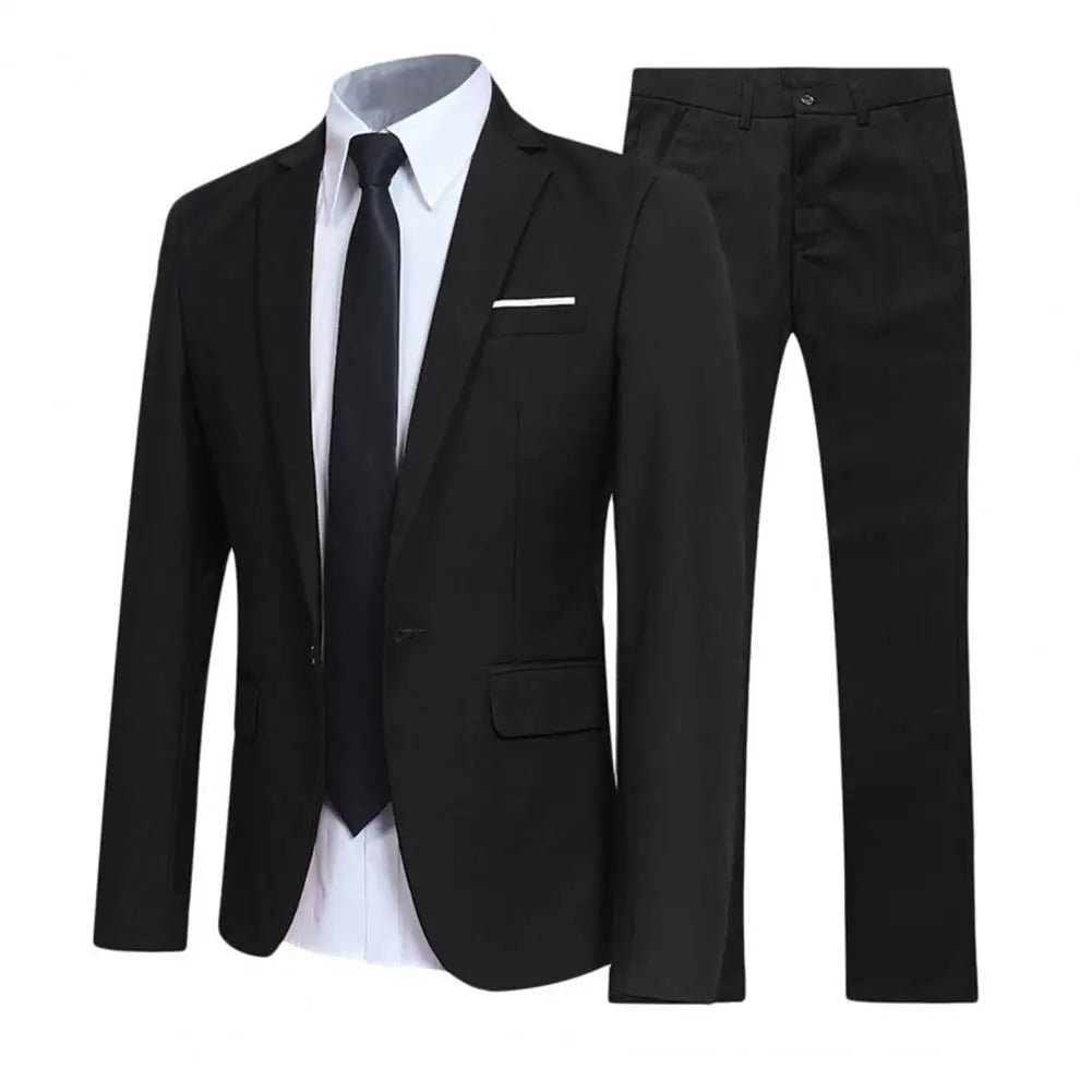 1 Set Men Jacket Pants Solid Color Turndown Collar Slim Fit Business Suit Set Groom Trousers for Wedding Office