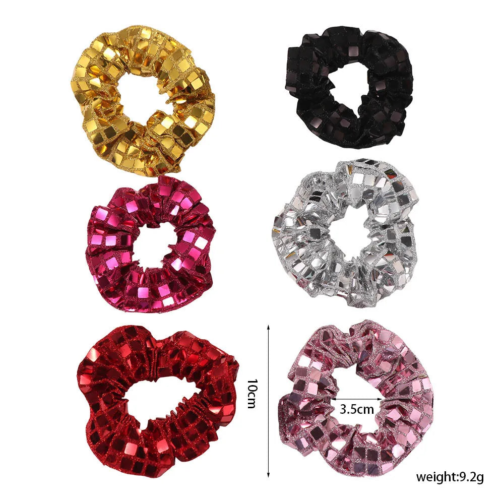 6pcs Square Sequin Sequin Hair Rope Retro Disco Pleated Design Rubber Bands Set Ponytail Holder Super Shiny