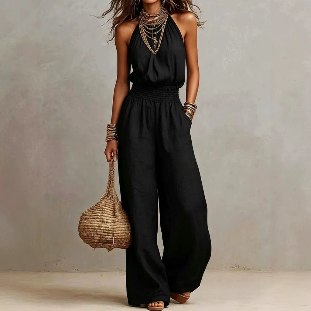 New Sleeveless Linen Backless Jumpsuit Women's Cross-Border Street Style Wide Leg Pants Long Trousers No Neck Label