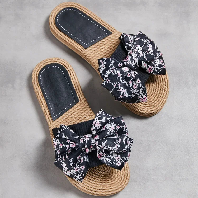 Female Summer Slippers Artificial Straw Sole Shoes Lady Summer Indoor Flat with Flip Flops Stitching Floral Women Slippers