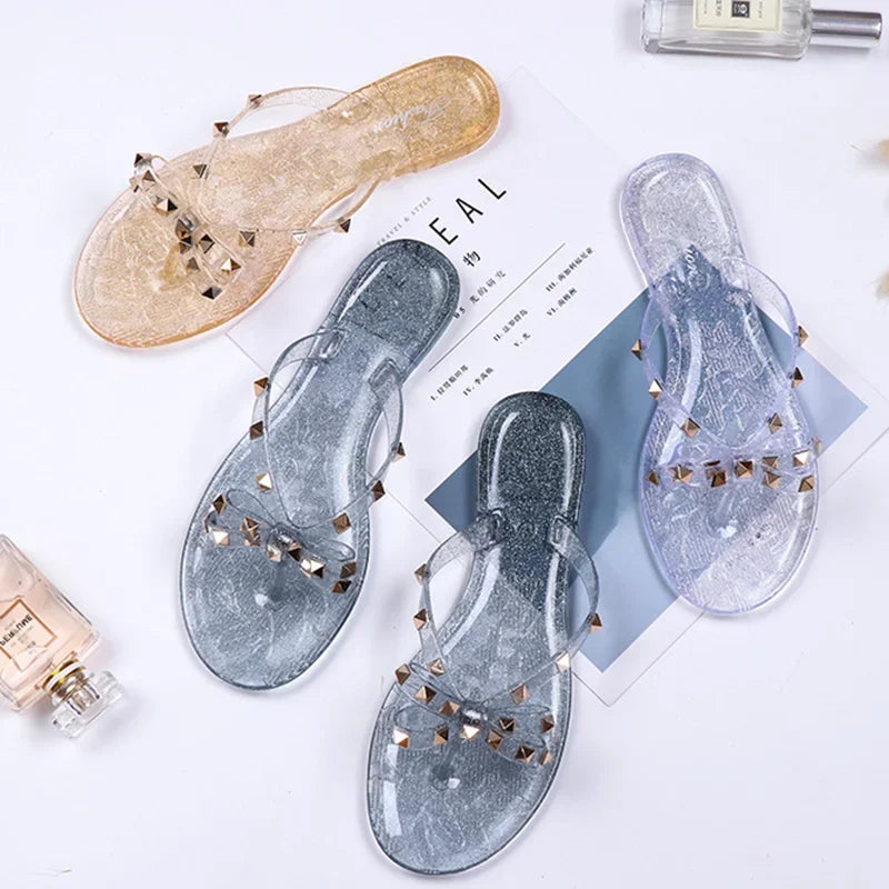 Women Low Pricing  Jelly Shoes Rivets Studs Bow-Knot Leisure Daily Flip-Flops For Raining Days Anti-Slip Flat Slippers Zoris 36