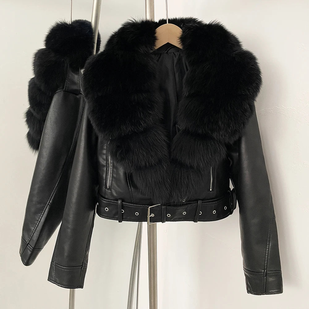 Elegant Faux Leather Jacket Female New Natural Fox Fur Autumn Short Top Clothing PU Women Long Sleeve Fake Leather Real Fur Coat
