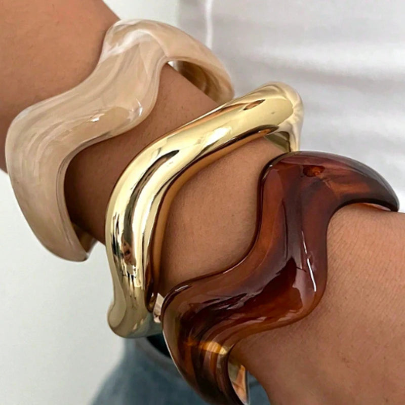 3 Pcs Irregular Wavy Resin Metal Bangle Set For Women Open Cuff Bracelets Bohemian Beach Vacation Stackable Trendy Jewelry Gifts