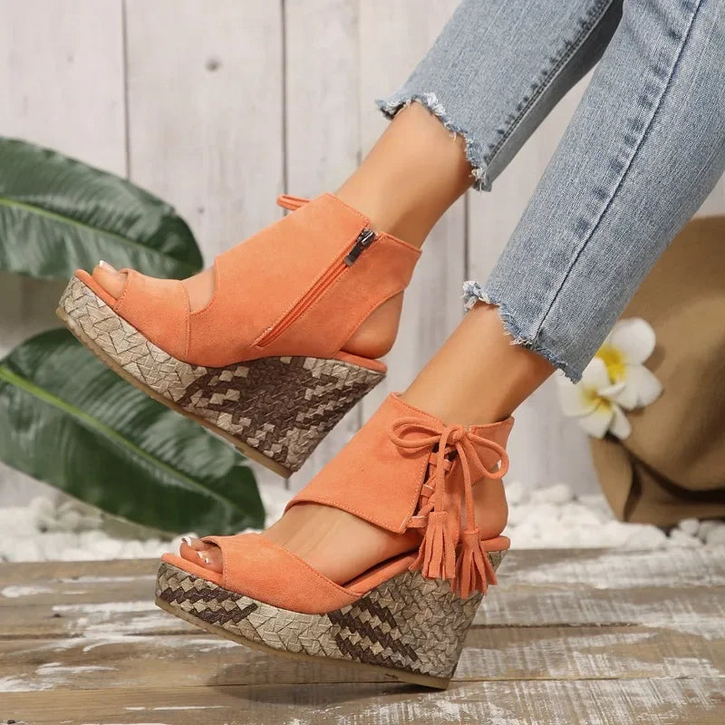 2025 Summer Suede Leather Women's Thicken High Heels Hollow Out Sandals Sexy Elegant Platform Wedges Open Toe Ladies Shoes