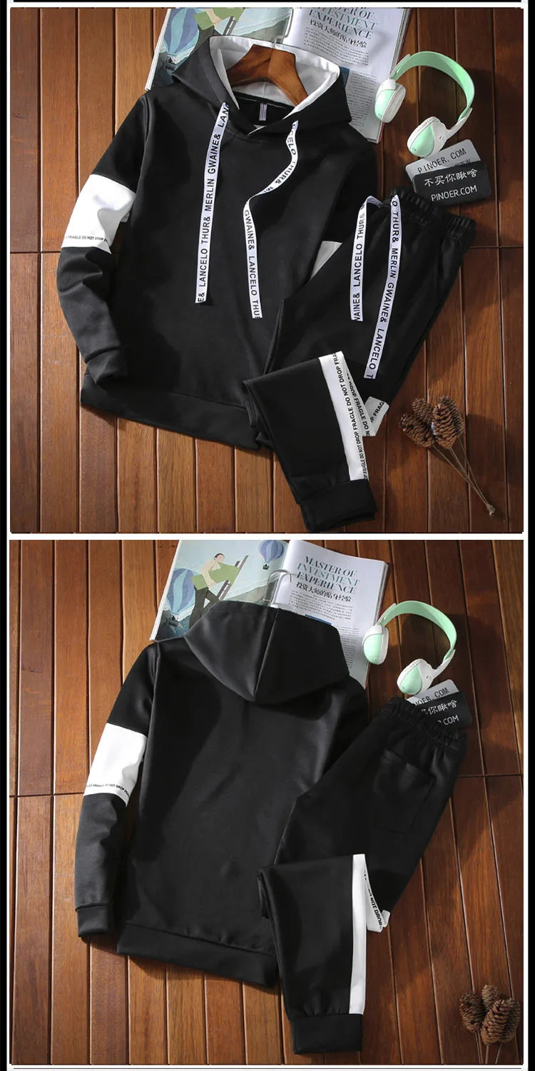 Autumn Unisex Korean Color Block Hooded Two Piece Tracksuit Letter Print Drawstring Hoodie Jogger Pants Loose Hip Hop Student Da