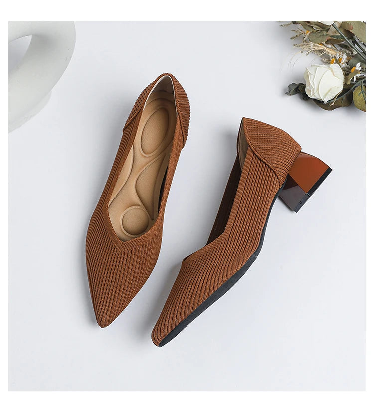 2026 New Women's High Heels Large 42/43 Fashion Pointed Anti slip Rubber Bottom Knitted Breathable Shoes