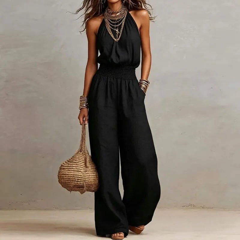 Boho Halter Backless Jumpsuit  Wide Leg Summer Romper