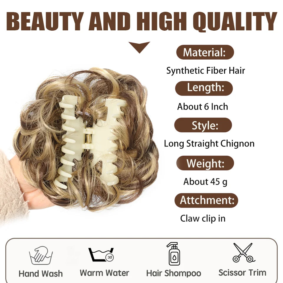 Claw Clip Messy Chignon Wavy Curly Hair Bun Clip in Claw Ponytail Synthetic Tousled Updo Scrunchie Hairpiece for Women