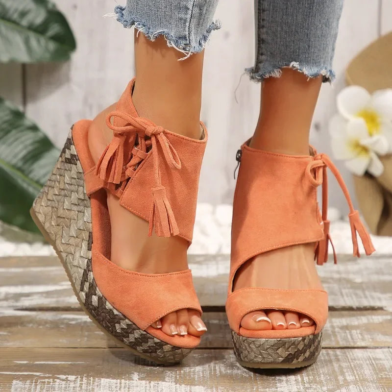 2025 Summer Suede Leather Women's Thicken High Heels Hollow Out Sandals Sexy Elegant Platform Wedges Open Toe Ladies Shoes