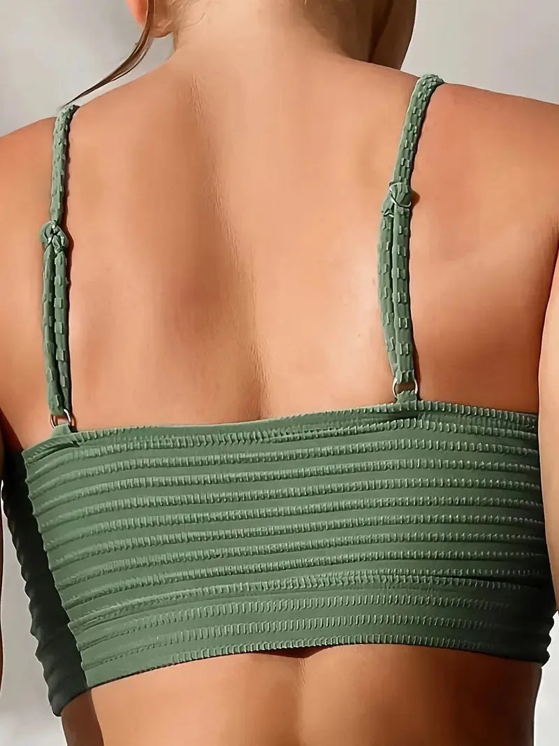 High-Waist Sexy Striped Bikini Swimsuit Women's Two-Piece Swimwear Thickened Polyester Fabric with Chest Pad No Steel Support
