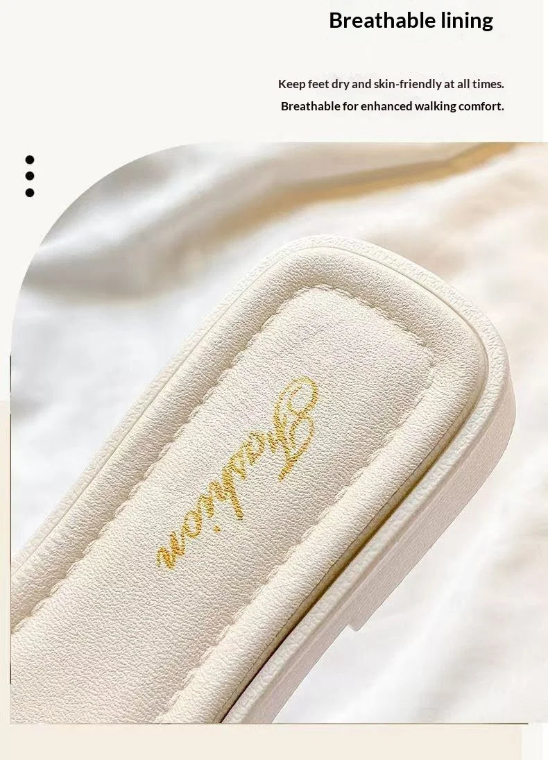 Fashion women's smooth slippers small Xinhong style French-style square toe high-end summer beach and outdoor slippers Advanced