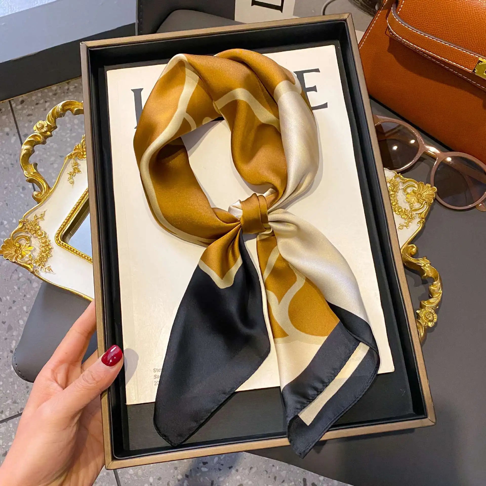 Luxury Satin Imitation Print Silk Scarf Square Women Neck Scarves Wrap Headkerchief Beach Hair Band Women's Bandana