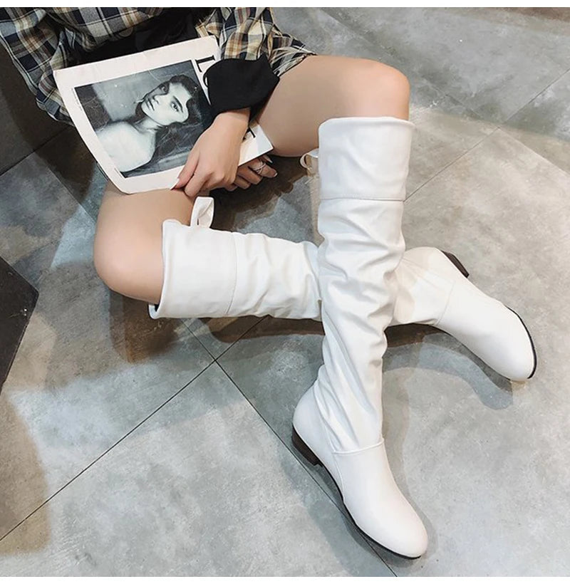 Shoes For Women  Knee High Boots Red Black White Tall Boots Woman Pleated Low Heel Casual Leather Female Long Shoes 2024