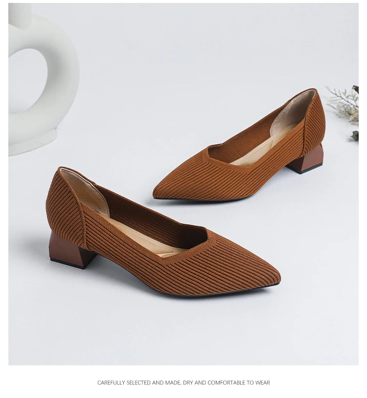 2026 New Women's High Heels Large 42/43 Fashion Pointed Anti slip Rubber Bottom Knitted Breathable Shoes