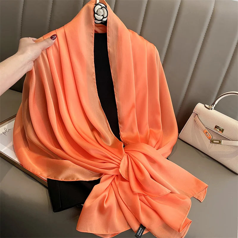 2024 Luxury Brand Silk Scarf for Women Large Shawl Wrap Headband Solid Design Hijab Beach Stoles Female Foulard Echarpe Bandana