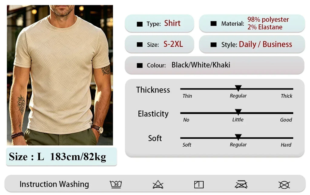 Men's Crew Neck Short Sleeve T-Shirt Diamond Jacquard Textured Breathable Solid Color Casual Summer Basic Tops
