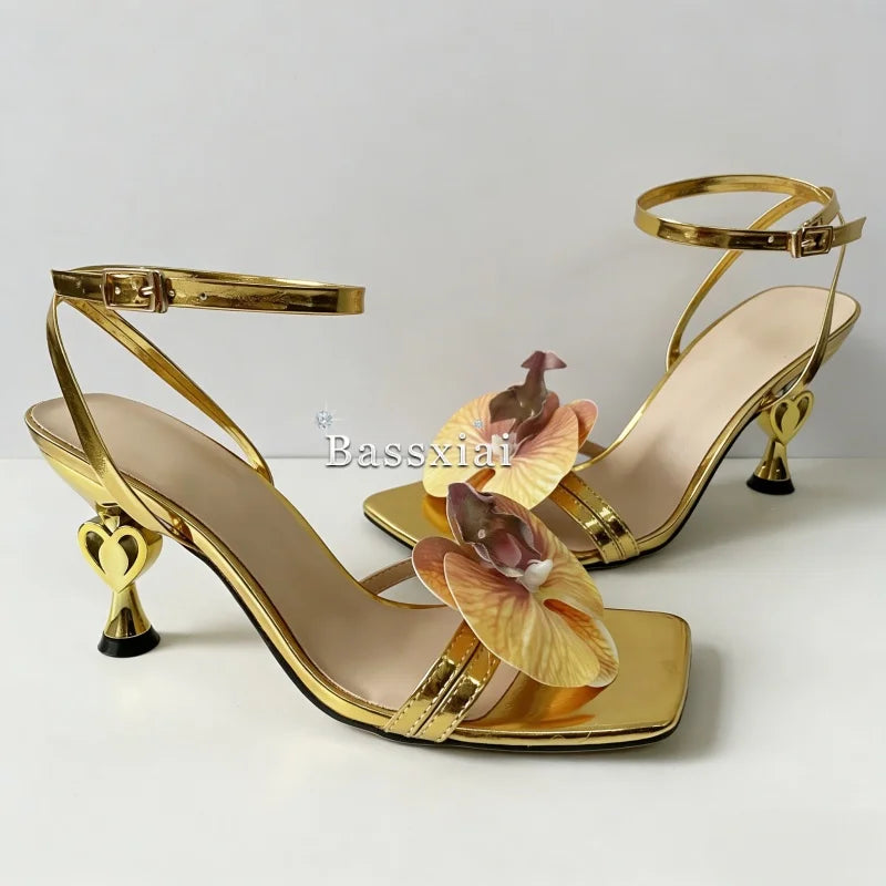 Vivid Orchid Flower Decor Modern Sandals Women Cross Strap Strange Heel Square Toe Party Shoes Summer