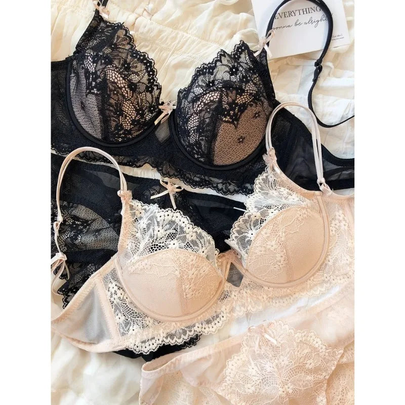 New Women Lingerie Set Sexy Lace Push Up Bra French 3/4 Thin Cup bralette Cute Bow Decoration Underwear Comfort Bras Briefs Sets