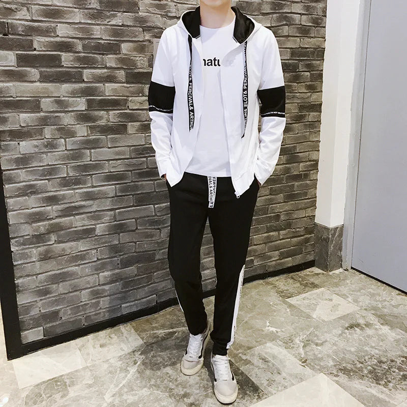 Autumn Unisex Korean Color Block Hooded Two Piece Tracksuit Letter Print Drawstring Hoodie Jogger Pants Loose Hip Hop Student Da