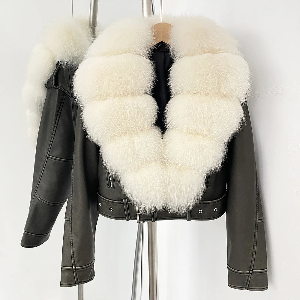 Elegant Faux Leather Jacket Female New Natural Fox Fur Autumn Short Top Clothing PU Women Long Sleeve Fake Leather Real Fur Coat