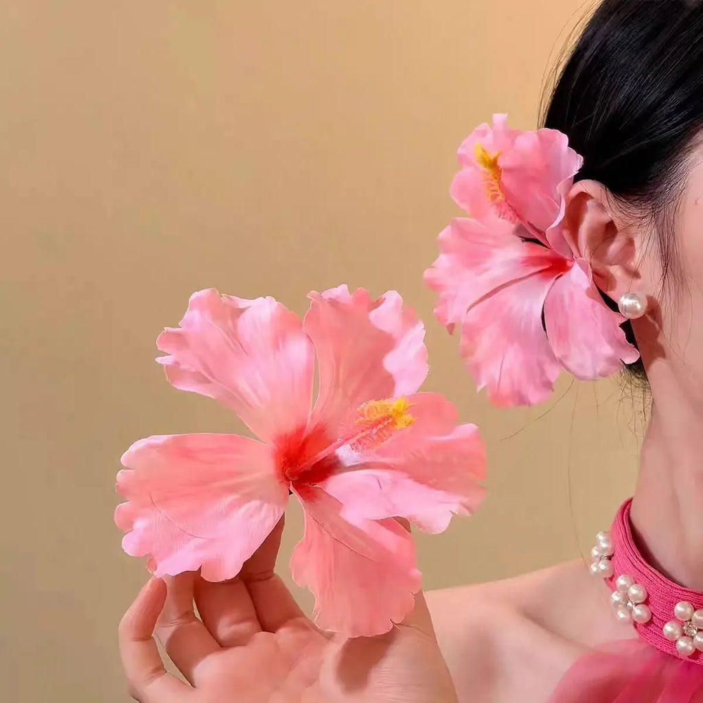 YJL 2pcs Hibiscus Flower Hair Side Clips Handmade Artificial Bohemian Floral Hairpin for Girls Beach Party Hair Accessories