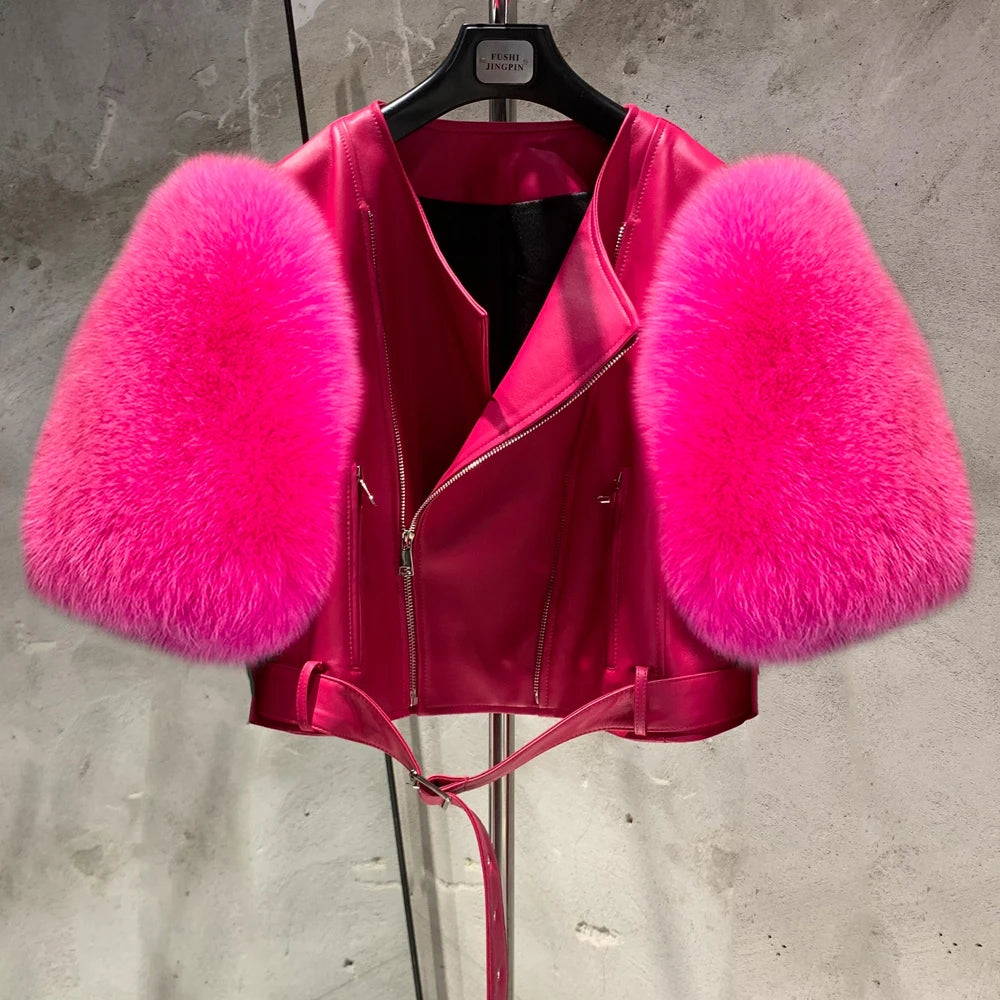 Leather Fur Jacket Natural Fur Sleeve Ladies Short Leather Jacket Real Fox Fur Sleeve Coat Women Autumn 21001-1