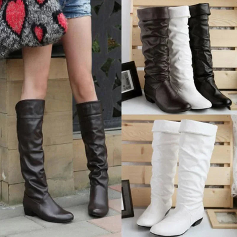 Quality Women's leather PU Knee High Boots Folding Slip on Winter High Boots Casual Low Heels White Black Long Slim Boots Ladies