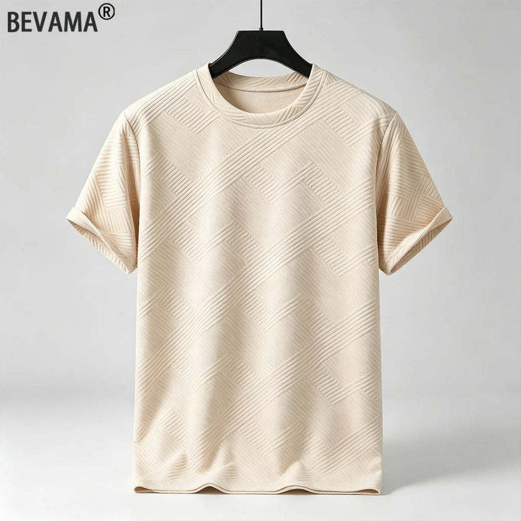 Men's Crew Neck Short Sleeve T-Shirt Diamond Jacquard Textured Breathable Solid Color Casual Summer Basic Tops