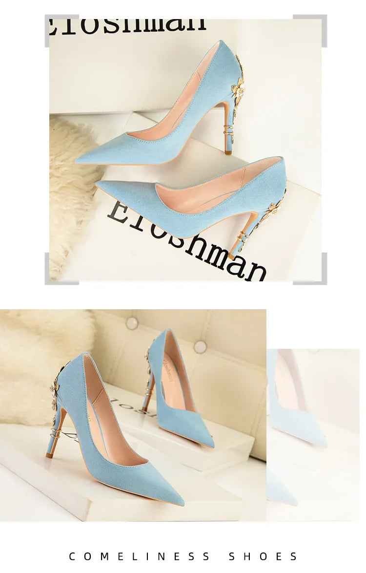 High End Metal Flower High Heels New European American Fashion Luxury Sexy Pointed Women's Shoes Banquet Party Casual Shoes