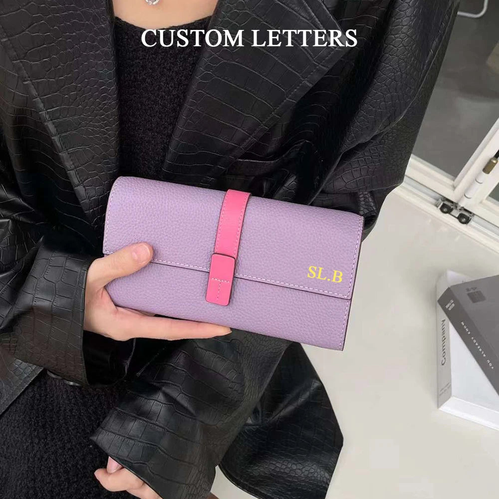 Luxury Genuine Leather Women Long Wallet Custom Name Female Card Holder Clutch Bag Fashion New Personalize Initials Purse Wallet