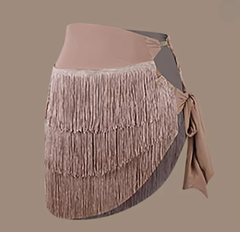 Adult Latin Dance Fringed Dress for Women Long-sleeved Bodysuit Tops Tassel Skirt Set Cha-cha Samba Training Performance Costume