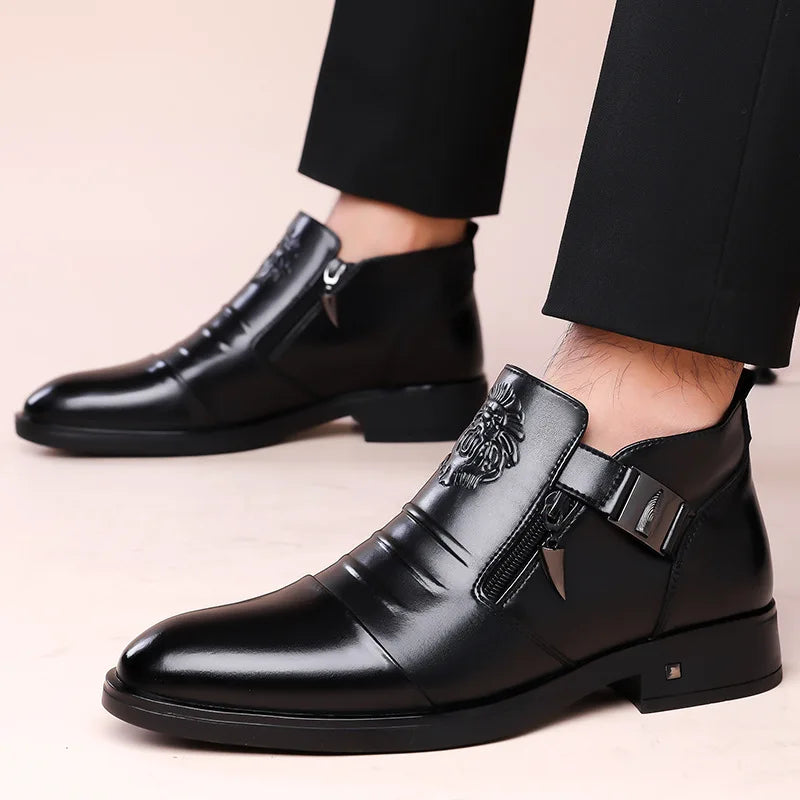 Men's Pointed Toe Dress Shoes Double Side Zippers Business Casual Low Top Boots Comfortable Formal Leather Shoes for Work Office