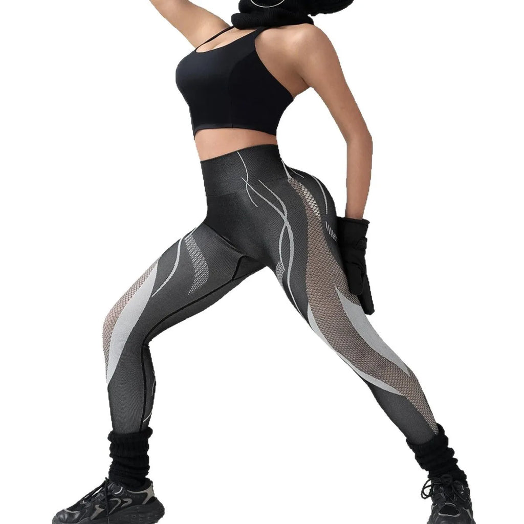 Seamless Hollow Mesh Panel Scrunch Booty Leggings High Waist Workout Sports Tights