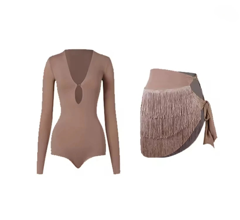 Adult Latin Dance Fringed Dress for Women Long-sleeved Bodysuit Tops Tassel Skirt Set Cha-cha Samba Training Performance Costume