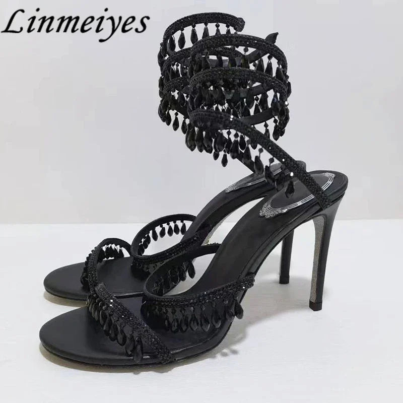 Summer High Heels Sandals Women Rhinestone String Bead Ankle Snake Twine Around Wedding Shoes Lady Gladiator Sandals Woman