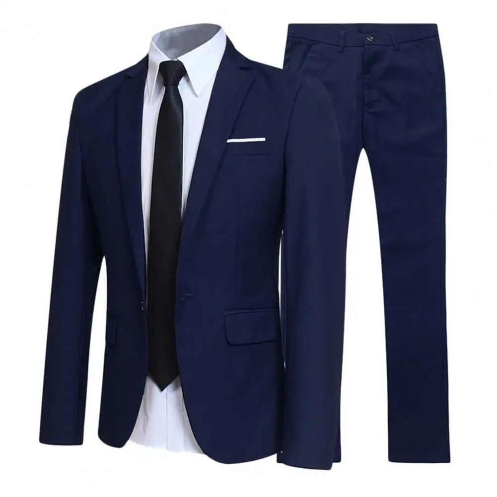 1 Set Men Jacket Pants Solid Color Turndown Collar Slim Fit Business Suit Set Groom Trousers for Wedding Office