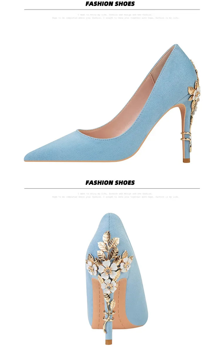 High End Metal Flower High Heels New European American Fashion Luxury Sexy Pointed Women's Shoes Banquet Party Casual Shoes