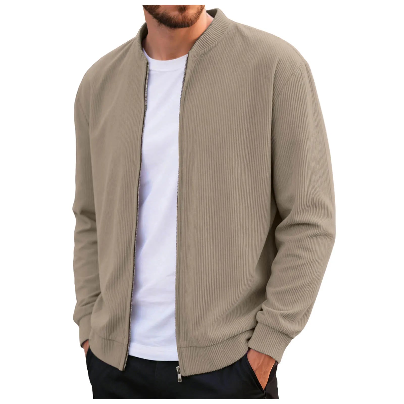 Corduroy Solid Color Men'S Casual Coat Round Neck Zipper Long Sleeve Outerwear Autumn/Winter Stylish Male Jacket Overcoat