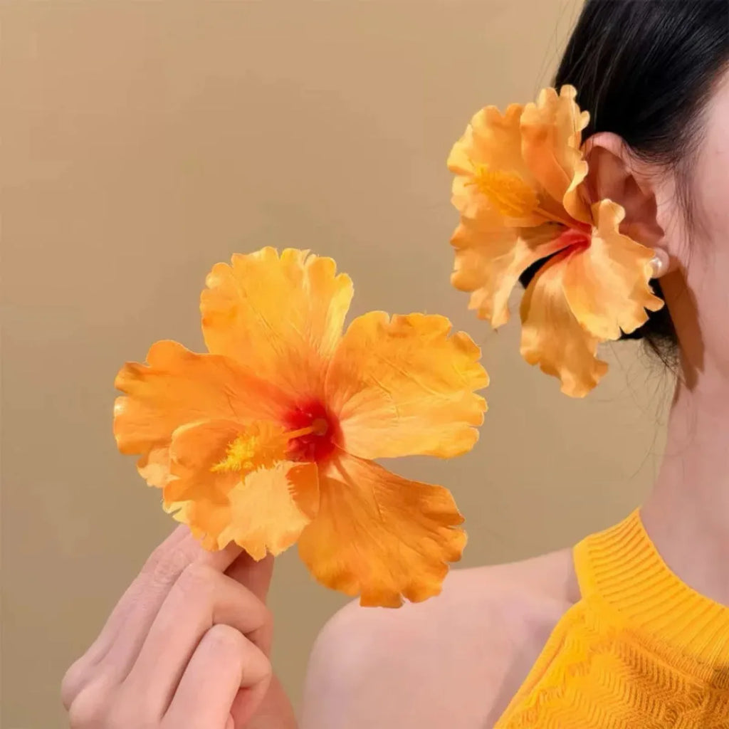 YJL 2pcs Hibiscus Flower Hair Side Clips Handmade Artificial Bohemian Floral Hairpin for Girls Beach Party Hair Accessories