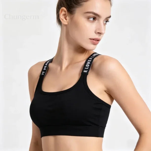 Sports Underwear Women Yoga Fitness Seamless Crop Top Wide Letter Straps Comfortable Workout Activewear Back Without Underwire I