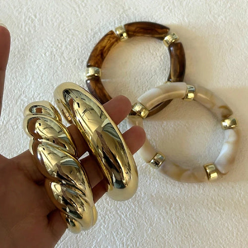 4 Pcs Exaggeration Irregular Geometric Wide Metal Bangles Women Acrylic Punk Chunky Cuff Elasticity Bracelets Minimalist Jewelry