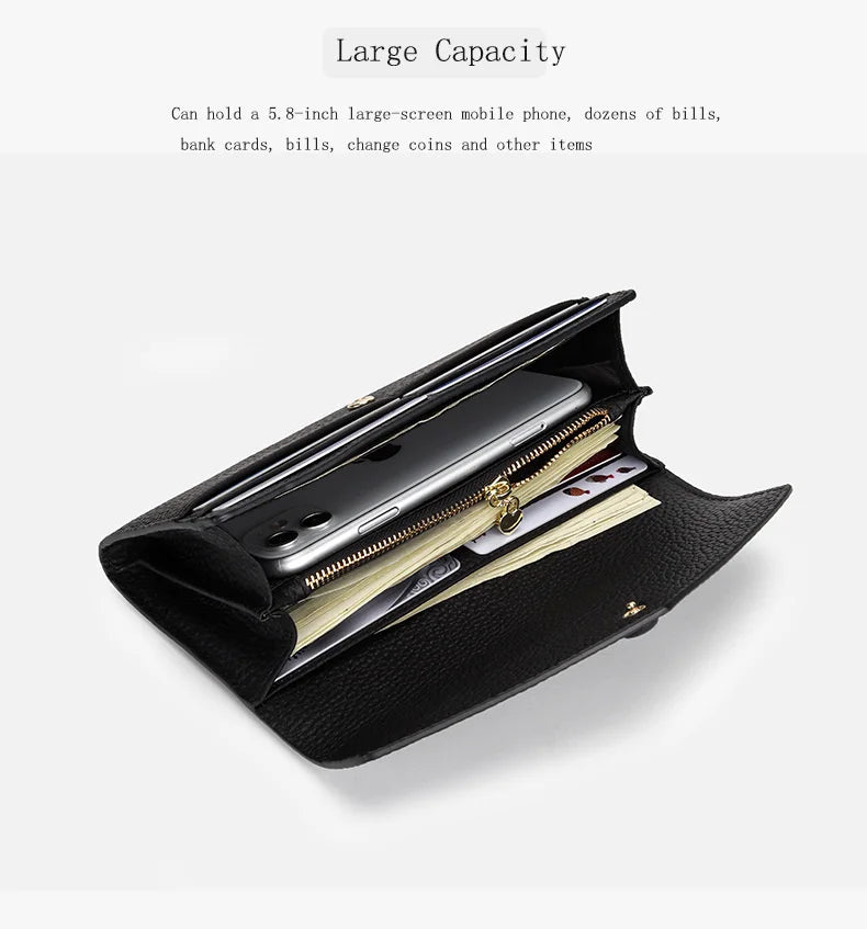 Ladies Genuine Leather Long Wallet Women's Large Capacity Clutch Wallet Envelope Multifunctional Mobile Phone Wallet Purse