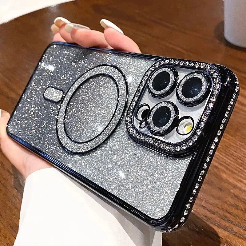 Plating Glitter Diamond Rhinestone Magnetic Wireless Charging Case for IPhone 17 Air 16 15 14 13 12 Pro Max Soft Silicone Cover