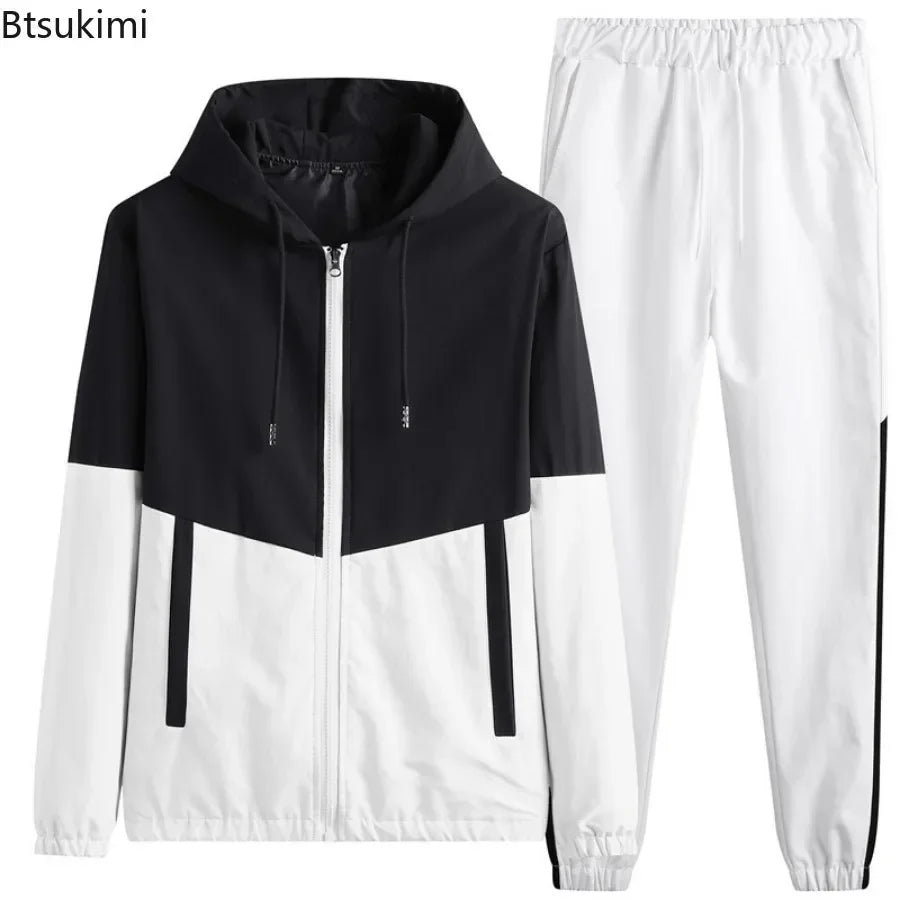 2026 New Men's Casual Sets Men Tracksuit Oversized Trend Patchwork Design Hooded Jacket+pants Two-pieces Men Running Sports Suit