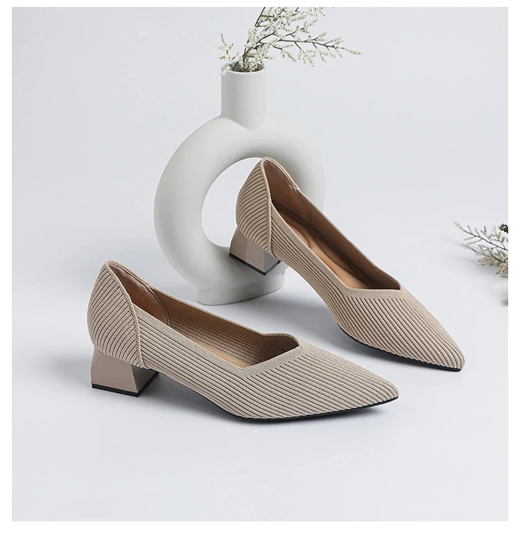2026 New Women's High Heels Large 42/43 Fashion Pointed Anti slip Rubber Bottom Knitted Breathable Shoes