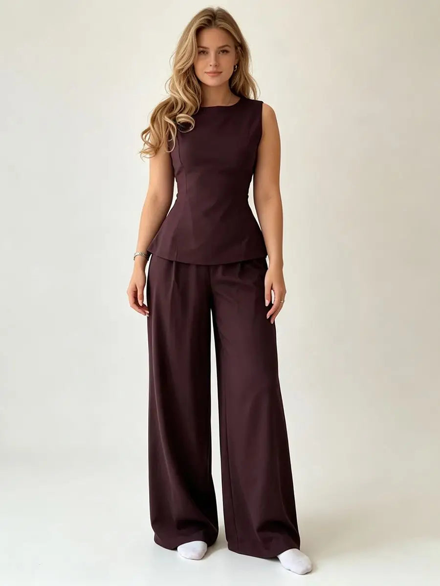 2026 Women Elegant Back Tie Sleeveless Peplum Top + Wide Leg Pants 2 Piece Casual Set
