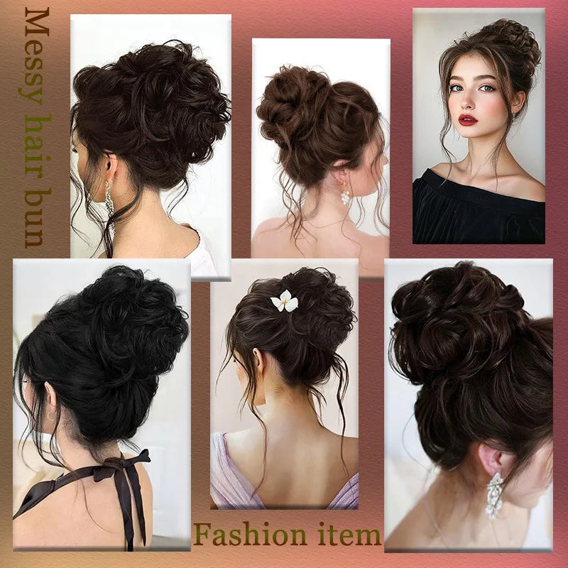 Synthetic messy hair clip bun short curly hair clip in a woman's ponytail hair extension bun wig