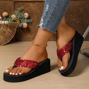 Summer Large Size Sequin Women's Sandals Open Toe Lightweight Outdoor Wear PU Upper Rubber Sole Comfortable Slip-On Shoes
