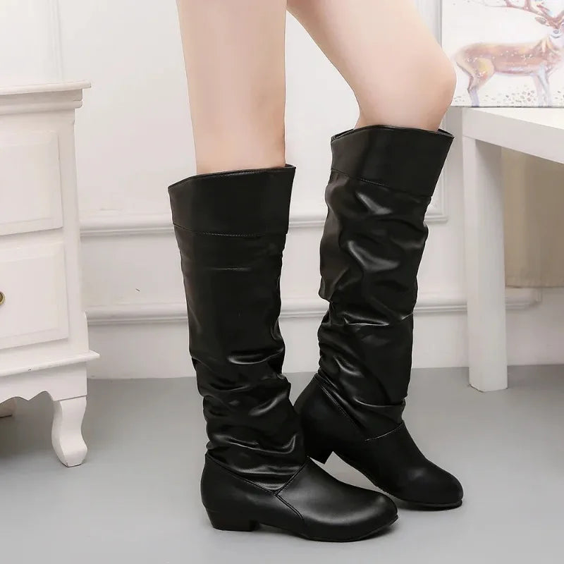 Quality Women's leather PU Knee High Boots Folding Slip on Winter High Boots Casual Low Heels White Black Long Slim Boots Ladies